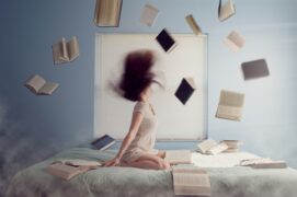 Your past is part of your story. What story will you choose to write in your future? This image shows a young woman sitting on a bed with several books in the air, surrounding her both front and back.